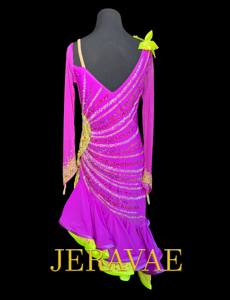 Purple Long Sleeve Latin Costume Dress with Neon Yellow Flowers on One Shoulder, Lace, Fringe Tassels, and Stones in Sunburst Pattern Sz M Lat190