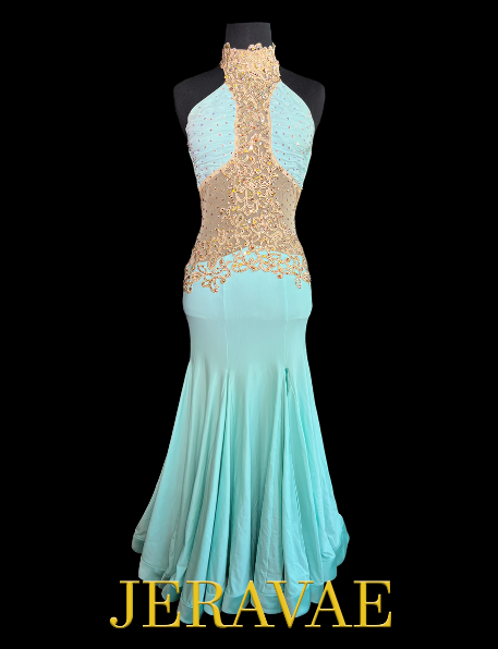 Sleeveless Mint Blue Smooth Ballroom Dress with Gold Lace Appliqué, Mesh Insert, High Halter Neck, Stones, and Straps on Back Sz XS Smo217