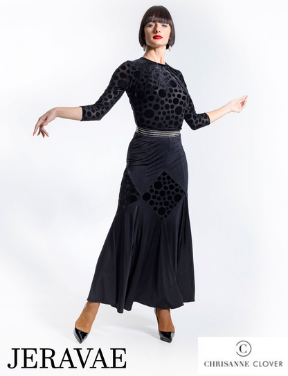 Black ballroom skirt with velvet polka dots