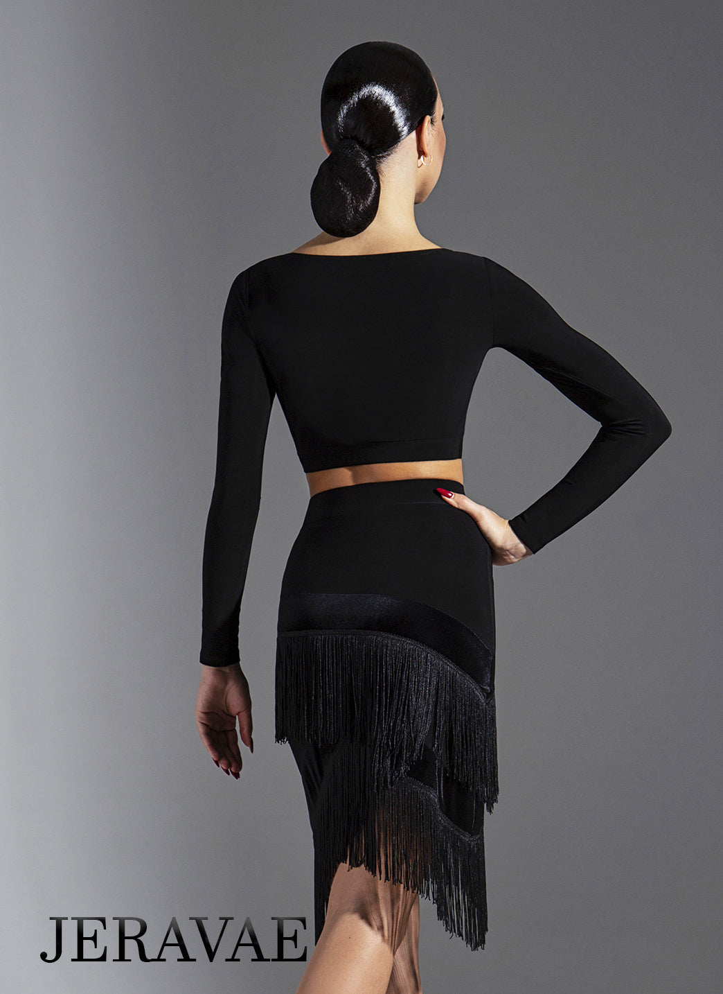 Layers of black fringe on women's Latin practice skirt