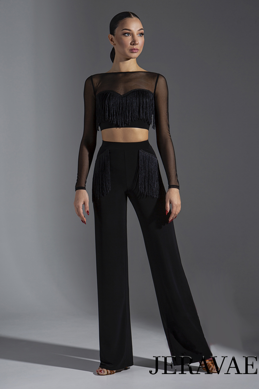 Women's Long Sleeve Mesh Crop Top with Fringe Accent on Front PRA 580_SALE
