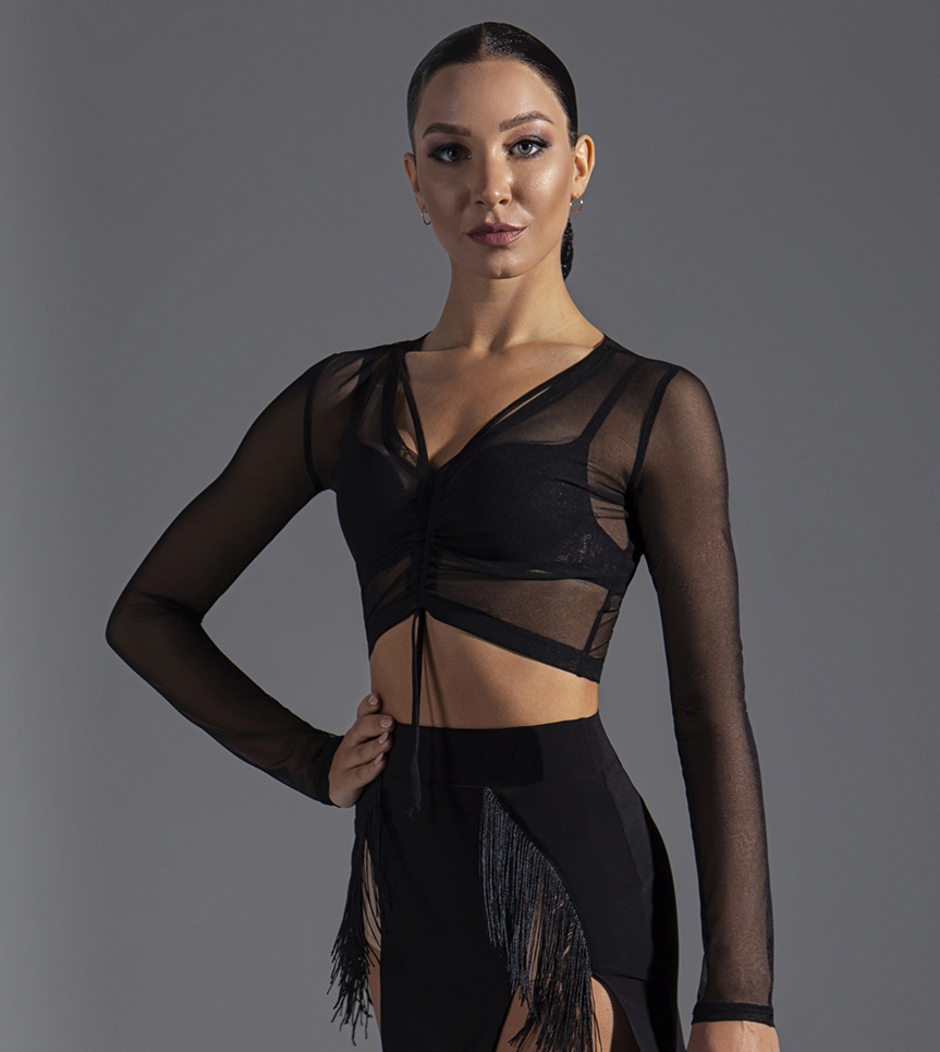 See through black mesh Latin practice dance top