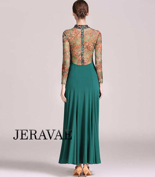 Long Ballroom Practice Dress with Floral Mesh Sleeves, High Collar, Zipper Closure, and Soft Hem in Green or Blue PRA 765_SALE