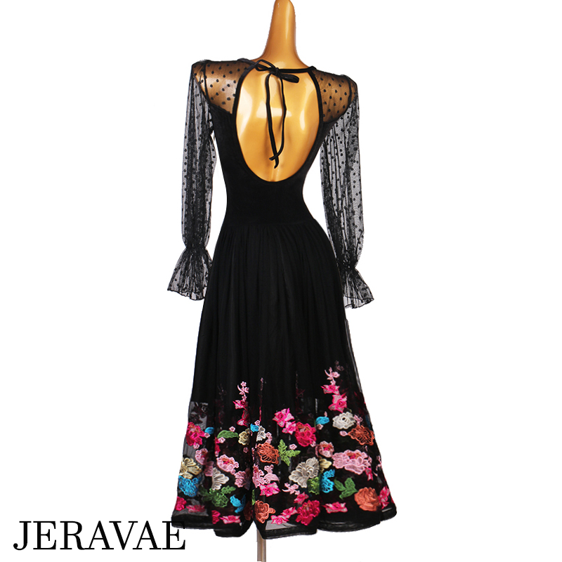 Black ballroom dance dress with dotted mesh sleeves