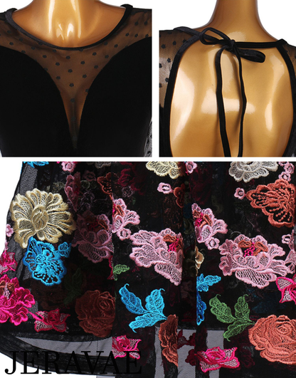Details of women's ballroom dress in black with colorful flowers