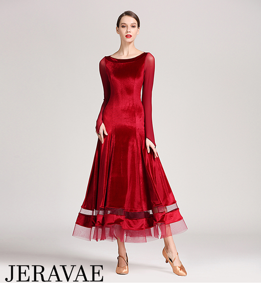 Velvet Sheen Ballroom Practice Dress with Mesh Details and Long Sleeves PRA 279_SALE