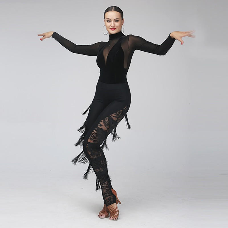 Long Black Latin or Rhythm Lace Practice or Competition Pants with Fringe Accents PRA 151 in Stock
