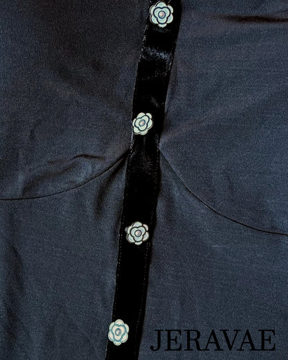 Women's Black Bodysuit Practice Top with Split Lantern Mesh Sleeves, Velvet Accent, and Flower Button Details PRA 896 in Stock
