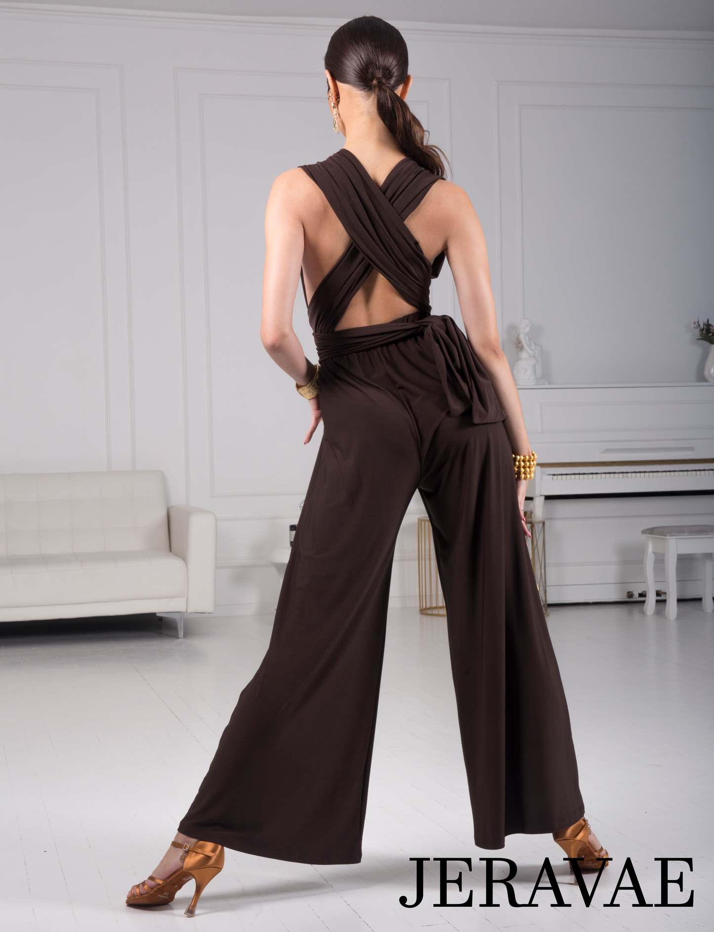 Senga Dancewear CALYPSO One Piece Jumpsuit with Strips of Material to Customize Your Look and Wide Leg Pants Available in Brown and Black PRA 976 in Stock