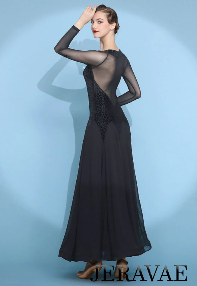 Unique Long Ballroom Practice Dress with Velvet Burnout Leopard Jacquard Raised Fabric and Mesh Long Sleeves and Shoulder Detail PRA 761_SALE