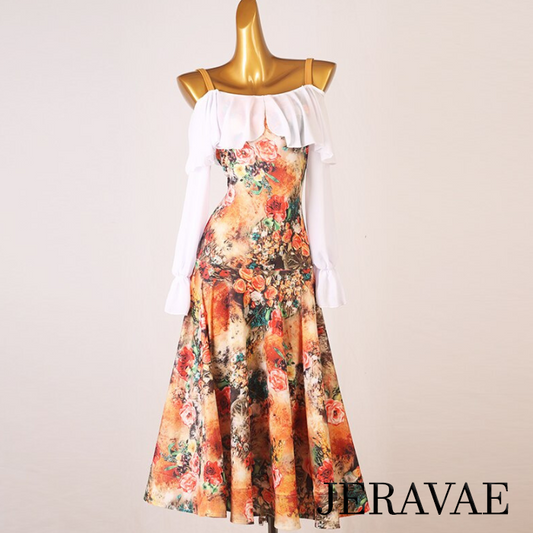 Warm Floral Rose Print Ballroom Practice Dress with Loose White Chiffon Collar and Long Sleeves PRA 839_sale