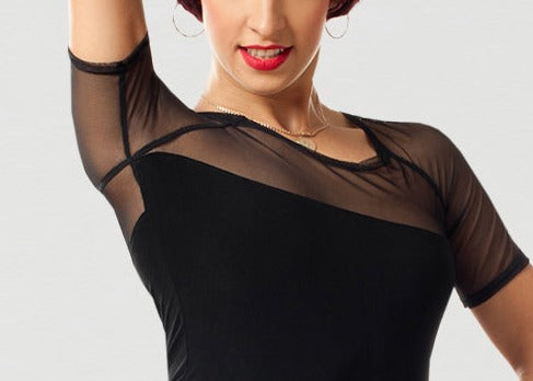 Black Practice Top with Straight Hem and Stretch Mesh Inserts PRA 448_SALE