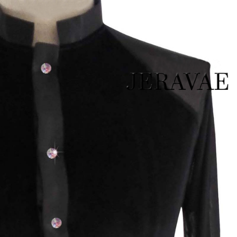 Men's Black Velvet Long Sleeve Latin Practice or Competition Shirt with Mandarin Collar and Button-up Front Sizes 2XS-3XL M052_Sale
