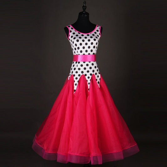 Pink, Black, and White Polka Dot Smooth Ballroom Dress with Pink Satin Belt PRA 085_SALE