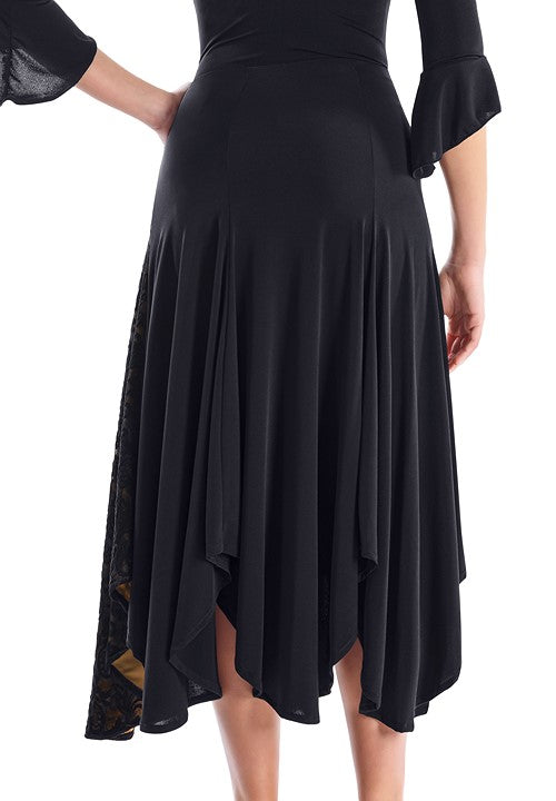Victoria Blitz PACHINO Black Ballroom Practice Skirt with Floral Lace Panel on Side with Nude Lining and Asymmetrical Hemline PRA 737 in Stock