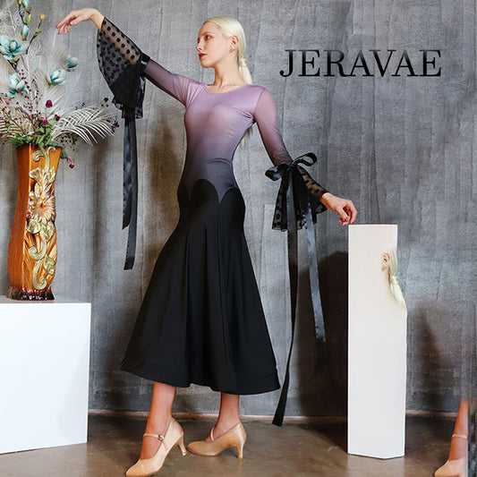 Purple and Black Ombre Ballroom Practice Dress with Polka Dot Sleeve Detail and Ribbon Floats PRA 767_SALE