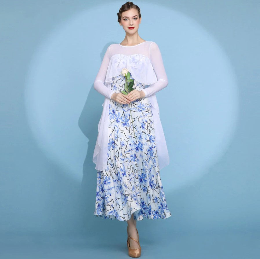 White and Blue Floral Long Sleeve Ballroom Practice Dress with Illusion Neckline and White Chiffon Ruffle Capelet Style Attached Floats PRA 788_SALE