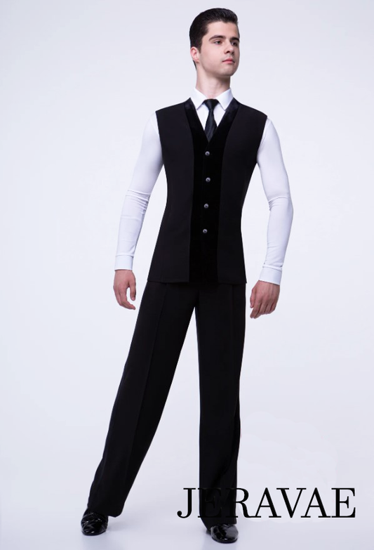 Men's and Boy's Black Single Breasted Ballroom Slim Fit Vest with Velvet Accent (No Pockets) M064 in Stock
