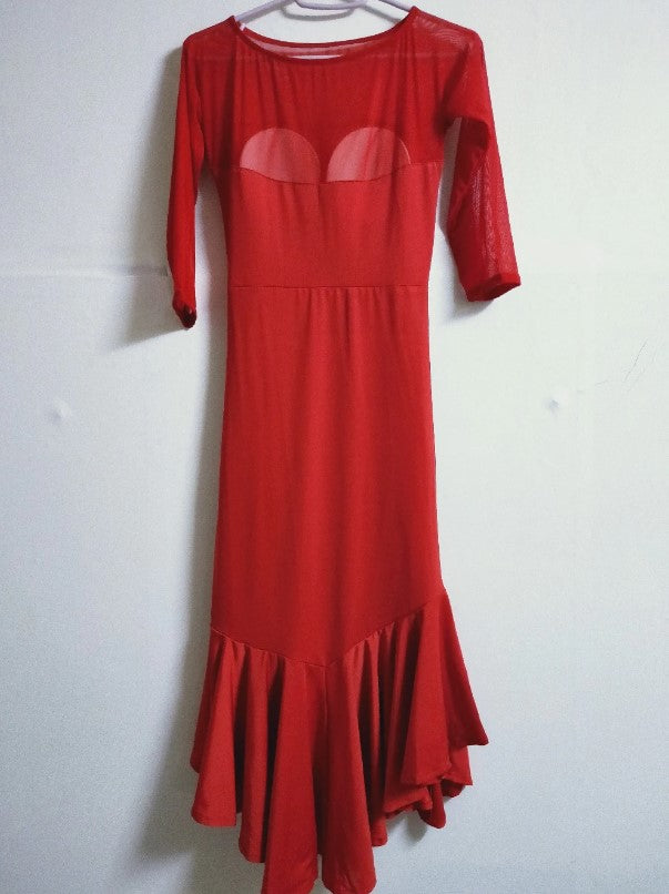 Latin Practice Wrap Dress with Mesh Sleeves and Asymmetrical Skirt PRA 112_SALE