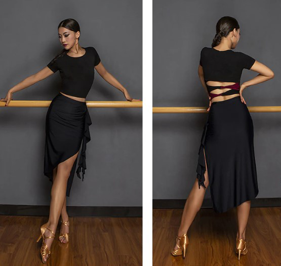 Women's Black Short Sleeve Practice Crop Top with Red and Black Strap Details on Back PRA 919_SALE in Stock