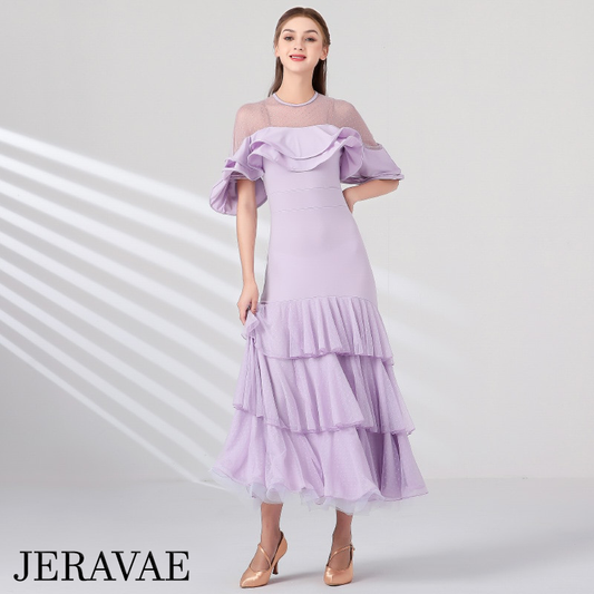 Practice Ballroom Dress with Polka Dot Mesh Illusion Neckline, Ruffle Top, and Tiered Dot Mesh Skirt Available in 4 Colors PRA 865_SALE