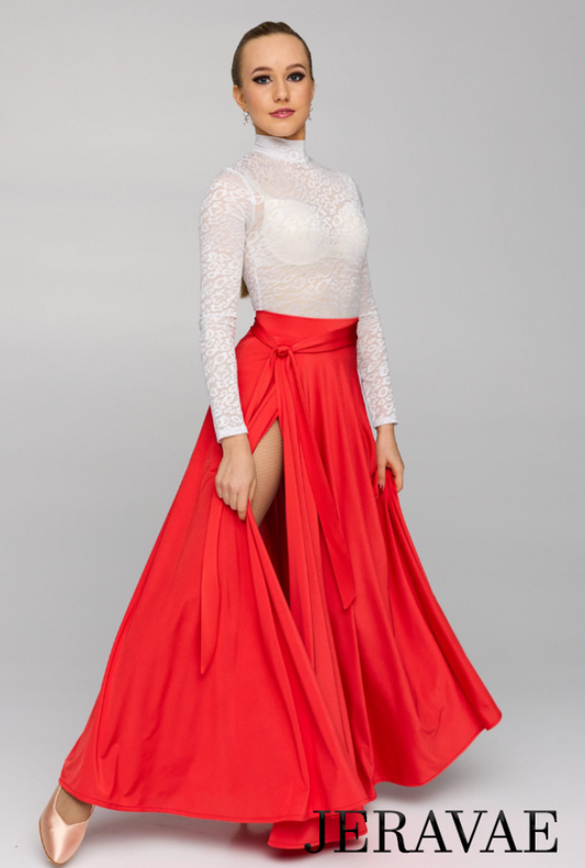 Long Red Ballroom/Tango Practice Skirt with Tie Detail and Soft Hem PRA 824