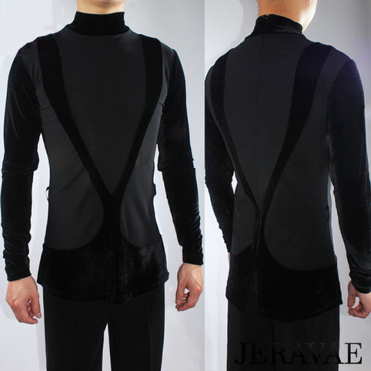 Long Sleeve Men's Latin Competition Shirt with Tie Sash and Velvet Detail Available in Black and Coffee M013_Sale