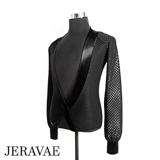 Men's Black Cross Net/Mesh Long Sleeve Latin or Rhythm Open Neckline Competition Shirt Tuck-in Style with Velvet Accents M060 in Stock
