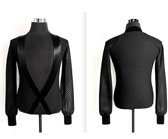 Men's Black Cross Net/Mesh Long Sleeve Latin or Rhythm Open Neckline Competition Shirt Tuck-in Style with Velvet Accents M060 in Stock