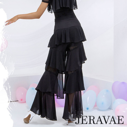 Tiered ruffles from waist to heel of black dance pants