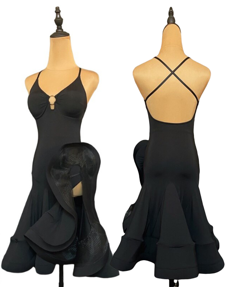 Sexy Sleeveless Black Latin Practice Dress with Open Back, Horsehair Hem, and High Slit on Side PRA 812_SALE