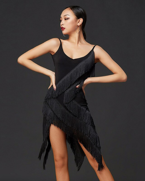 Sleeveless Black Fringe Latin Practice Dress with Open Back and Sliced Skirt PRA 768_sale