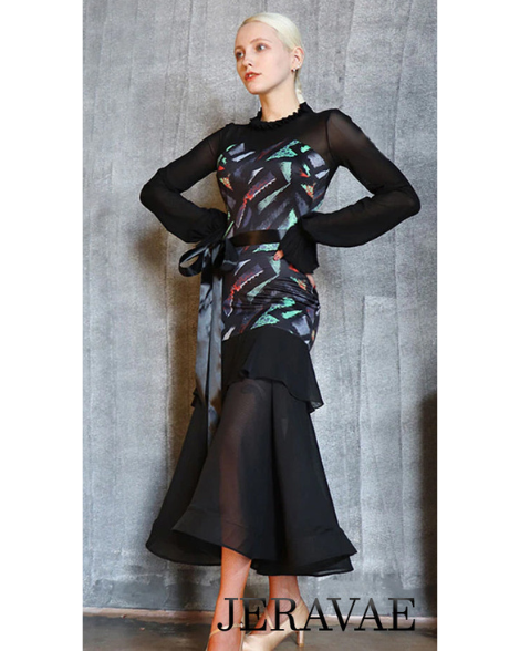 Long Ballroom Practice Dress with Satin Belt, Long Sleeves, Geometric Colorful Print, and Flutter at Top of Skirt PRA 770_SALE