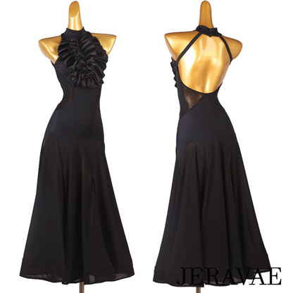Sleeveless Black Halter Ballroom Practice Dress with Large Satin 3D Ruffle, Mesh Side Inserts and Skirt, and Open Back PRA 894 in Stock
