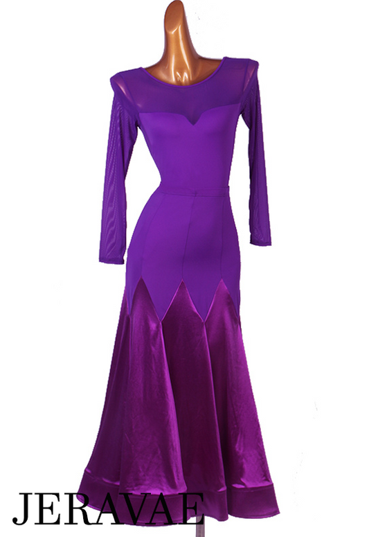 Two Piece Purple Ballroom Practice Skirt with Long Sleeve Bodysuit with Mesh Panels and Long Skirt with Satin Gussets PRA 903_SALE