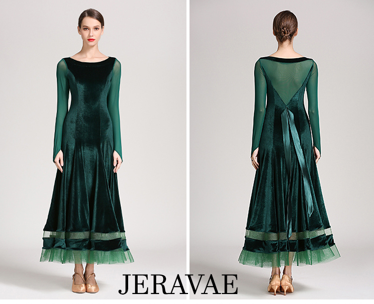 Velvet Sheen Ballroom Practice Dress with Mesh Details and Long Sleeves PRA 279_SALE
