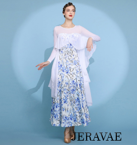 White and Blue Floral Long Sleeve Ballroom Practice Dress with Illusion Neckline and White Chiffon Ruffle Capelet Style Attached Floats PRA 788_SALE