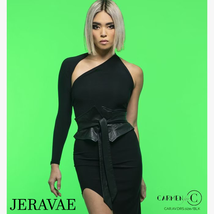Asymmetrical neckline on black Latin dress