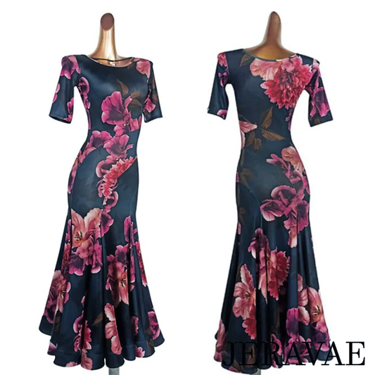 Dark Azure and Pink Floral Ballroom Practice Dress with Half Sleeves and Necklace Detail with Pearl Pendant PRA 922_sale