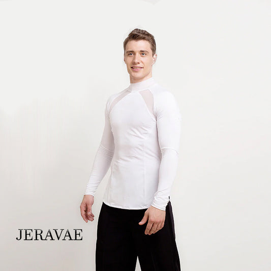 Men's Long Sleeve Latin or Rhythm Shirt with Mesh Cutouts and Solid Collar Available in White or Black M019