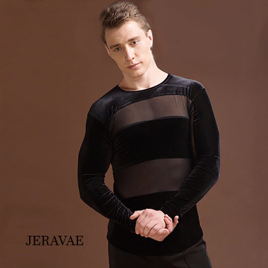 Men's Black Velvet and Mesh Long Sleeve Latin Competition Tuck Out Shirt M025