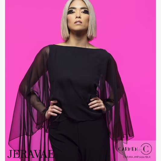 Women's black jumpsuit with chiffon shawl