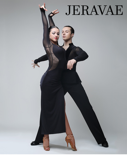 Men's Mesh and Velvet Latin Shirt with Long Sleeves and Velvet Belt Sash M011