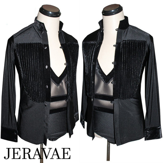 Men's Lycra and Velvet Latin Dance Competition Costume Bodysuit & Over Shirt in Black or White M014