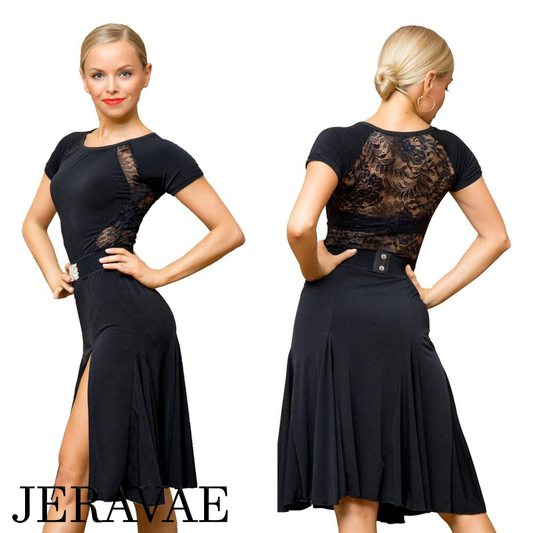 Short Sleeve Black or Green Latin Dress with Side Slit in Skirt and Stretch Lace Back and Accents PRA 653_SALE