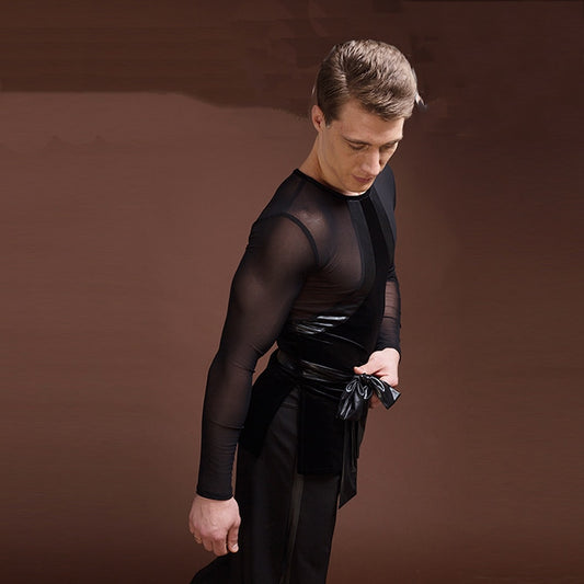 Men's Tuck Out Latin Competition Shirt with Vegan Leather Accents and Matching Belt. Fatures Mesh Long Sleeves and Velvet Insert M023