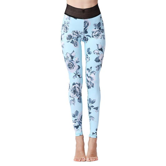 Blue floral yoga and exercise leggings for ladies