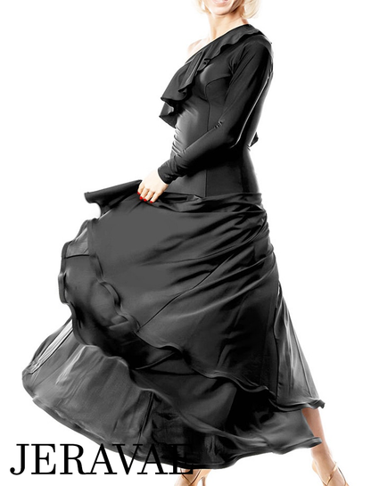 Long Black Lycra Ballroom Practice Dress with One Ruffle Sash off Shoulder Sizes S-3XL PRA 051