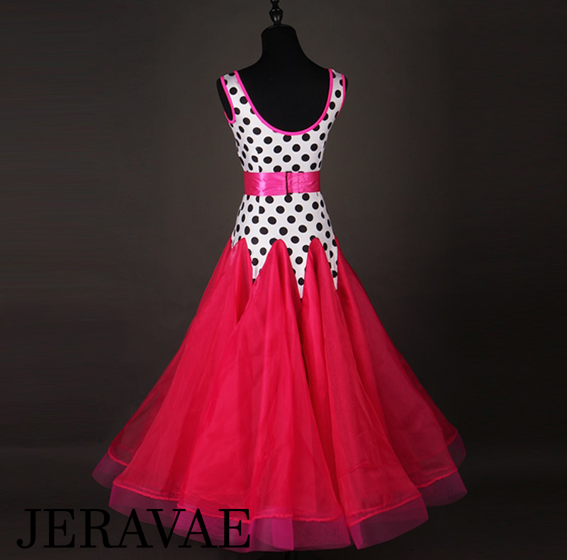 Pink, Black, and White Polka Dot Smooth Ballroom Dress with Pink Satin Belt PRA 085_SALE