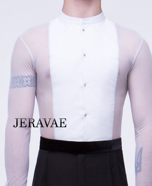 White Mesh International Men's or Boy's Ballroom Standard Shirt with Integrated Bodysuit/Trunks And Tuxedo Front M022